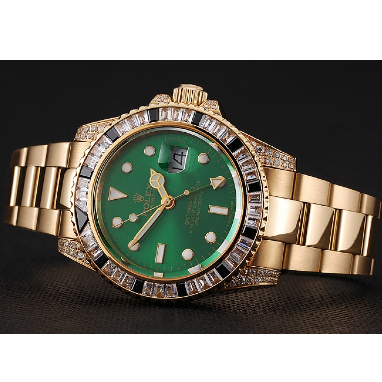Best AAA Replica Sites Rolex 1453748 Gold Bezel Bracelet GMT Swiss Master Green Set And Case Stone II Dial 0528